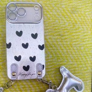 Chic Heart Pattern Phone Case with Strap - White and Black
